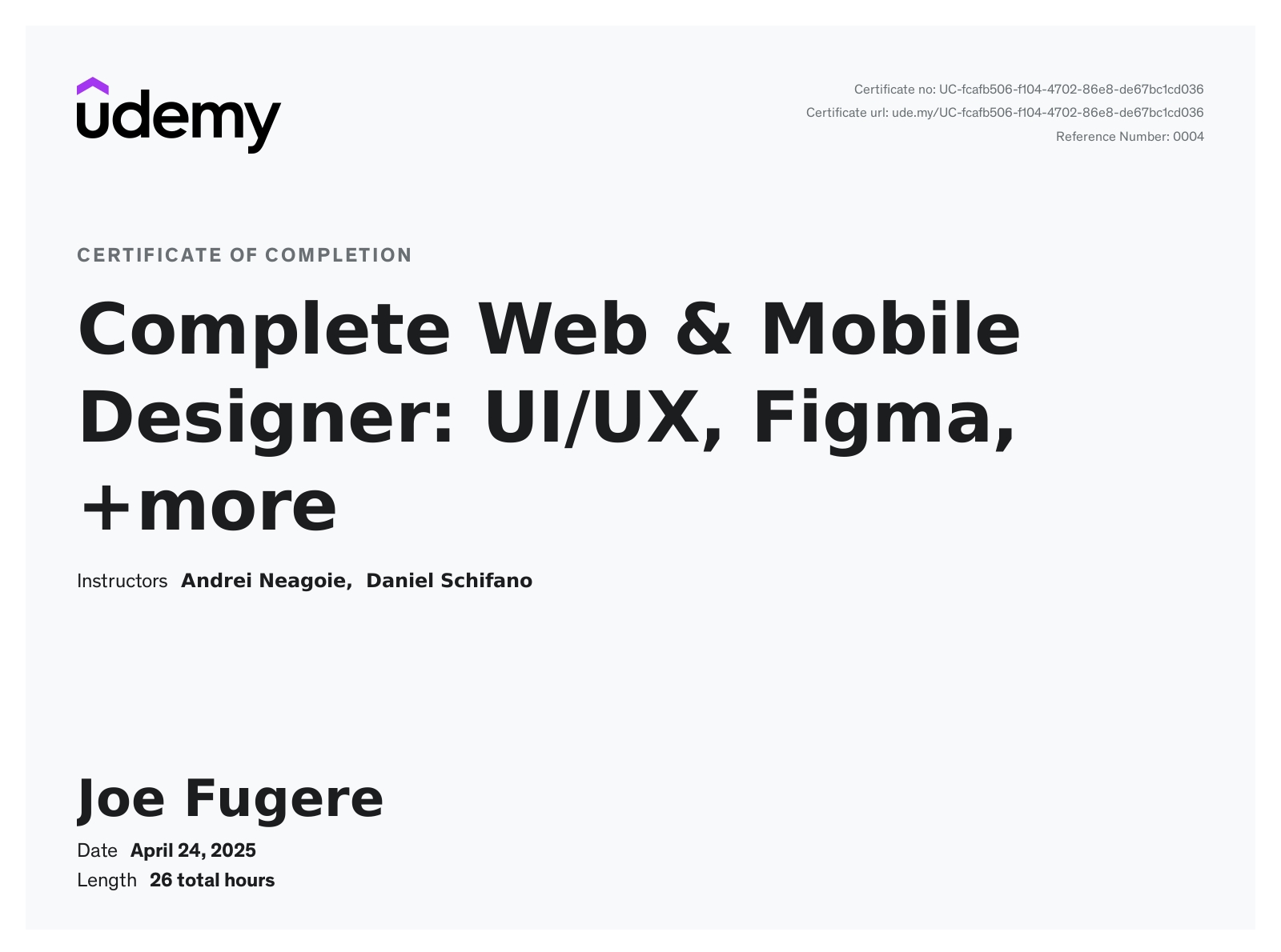 Udemy certificate for Complete Web and Mobile Designer: UI/UX, Figma