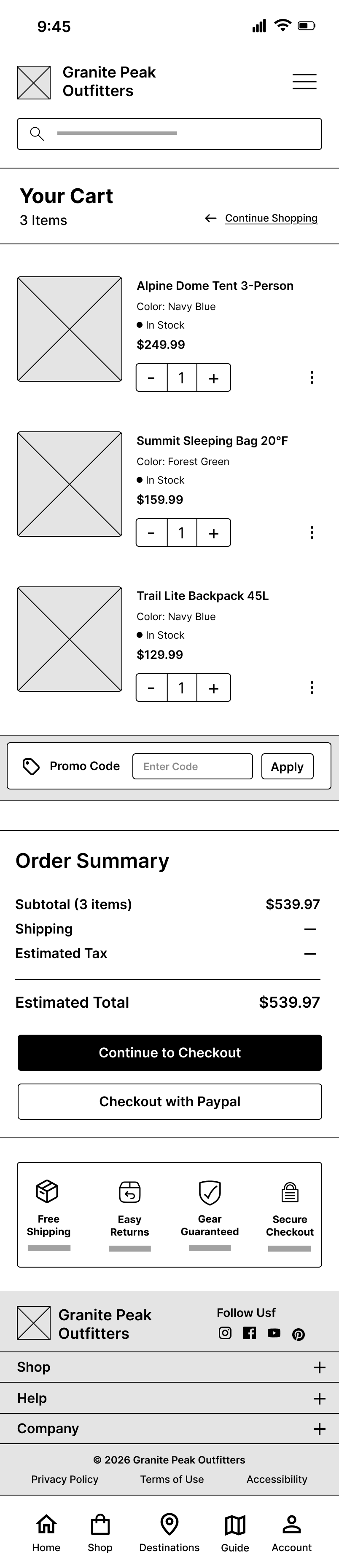Granite Peak Outfitters mobile cart wireframe