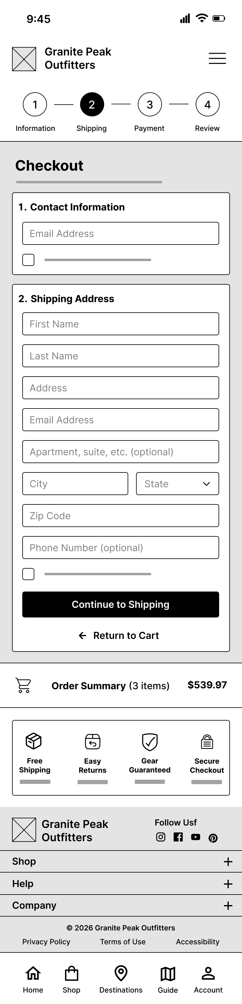 Granite Peak Outfitters mobile checkout wireframe