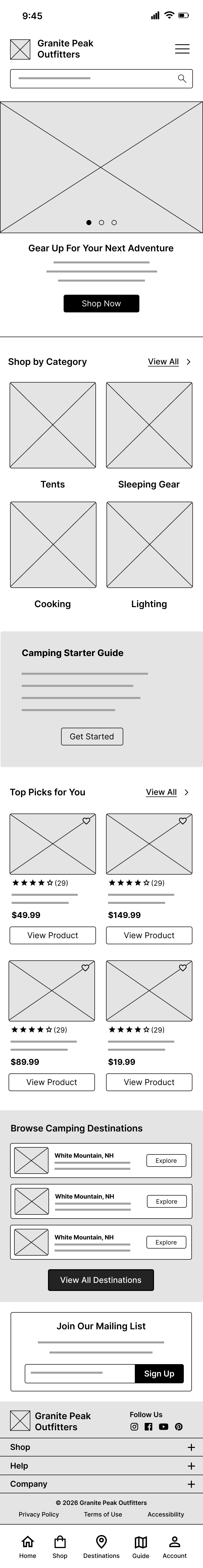 Granite Peak Outfitters mobile homepage wireframe