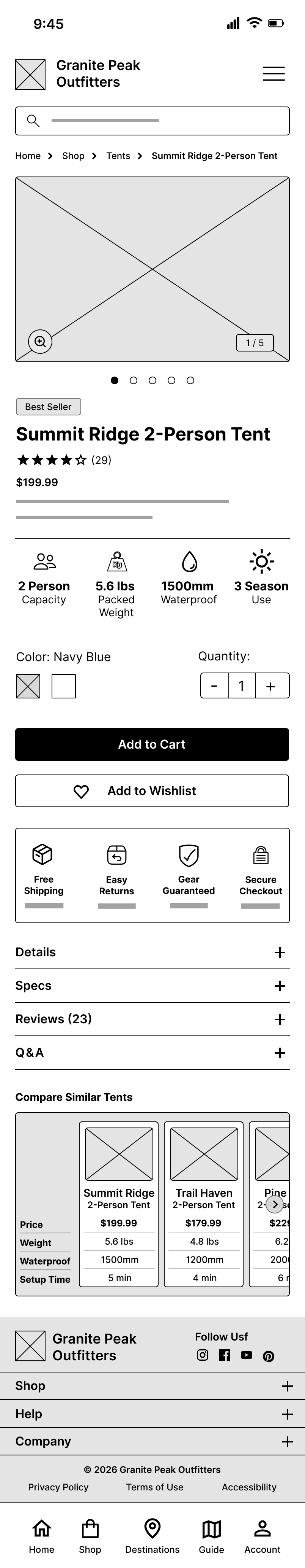 Granite Peak Outfitters mobile product wireframe