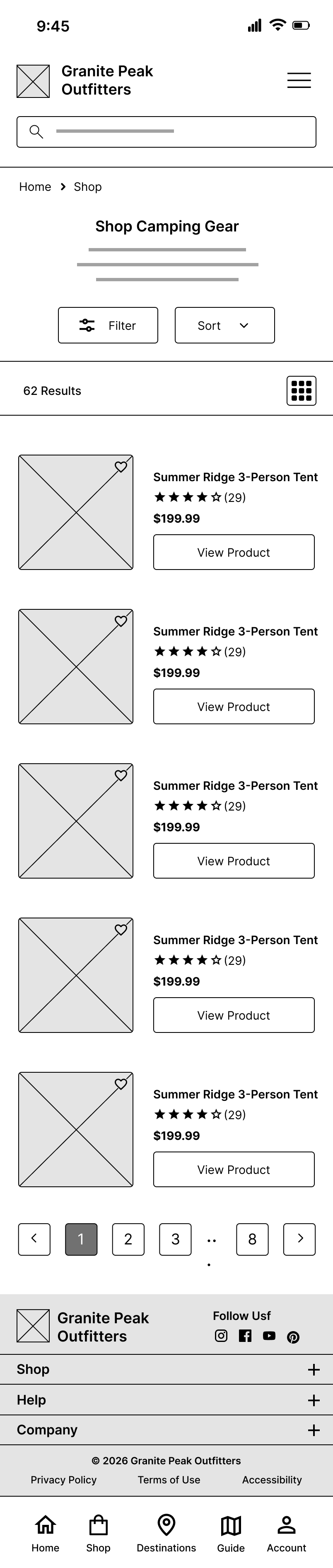 Granite Peak Outfitters mobile shop wireframe