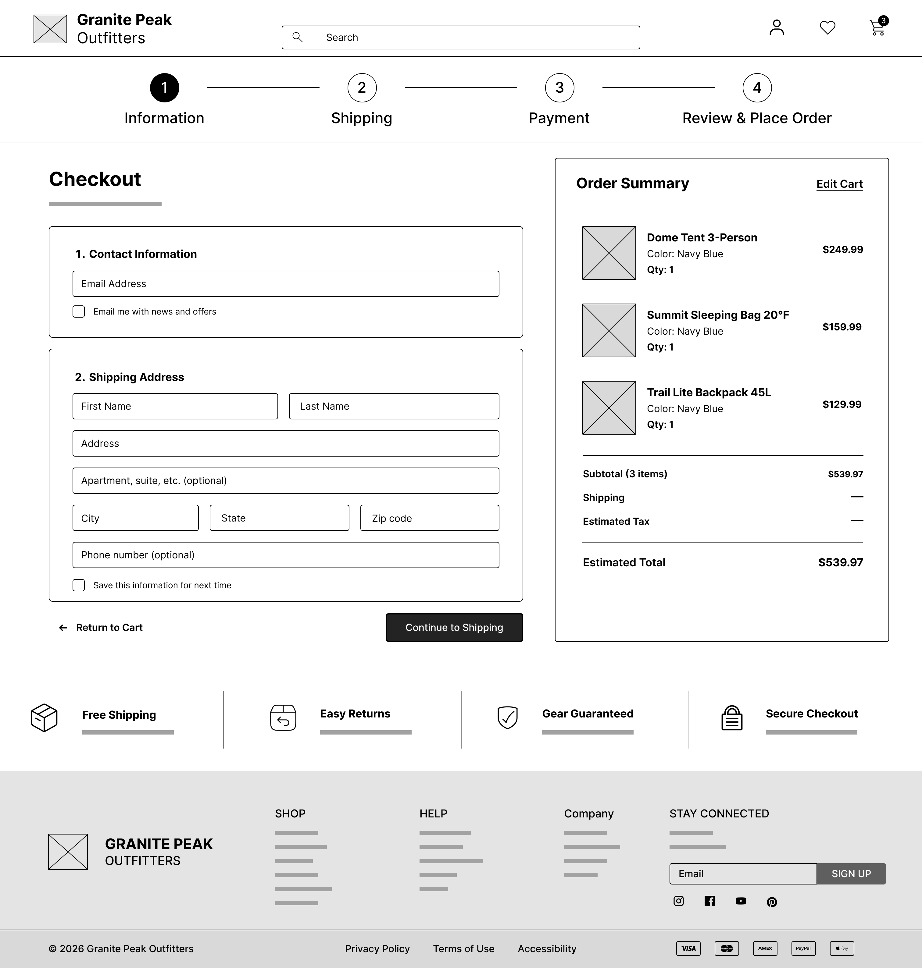 Granite Peak Outfitters checkout information desktop wireframe
