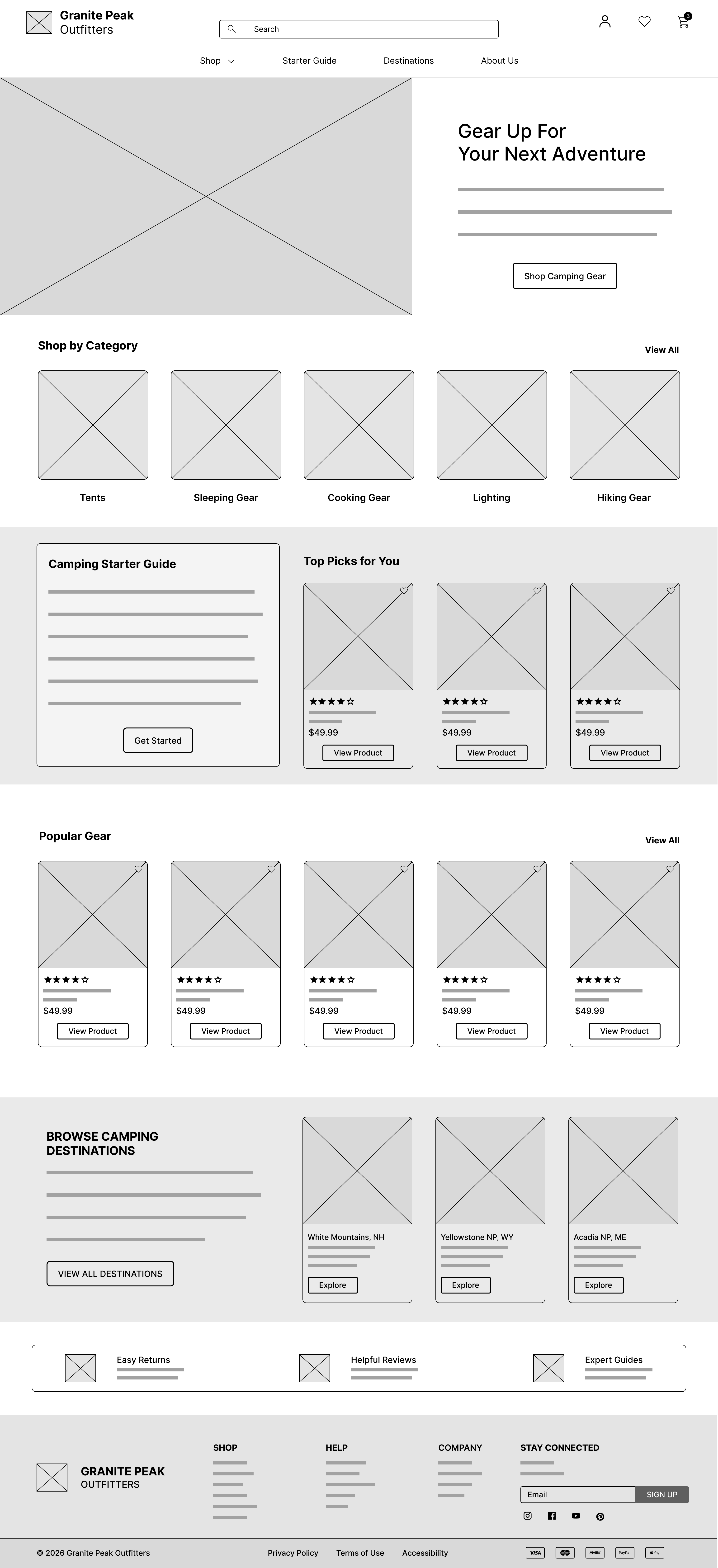 Granite Peak Outfitters homepage desktop wireframe