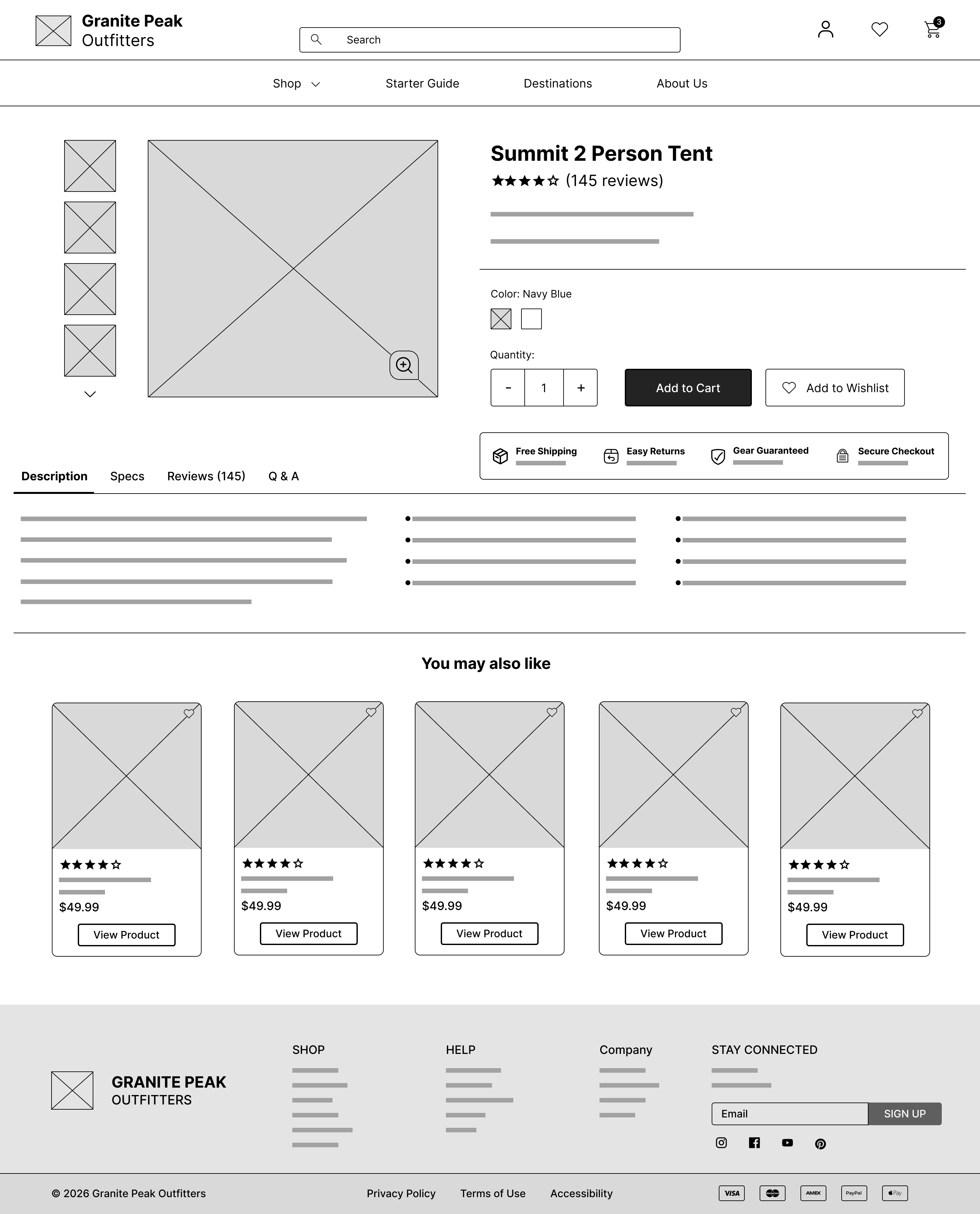 Granite Peak Outfitters product page desktop wireframe