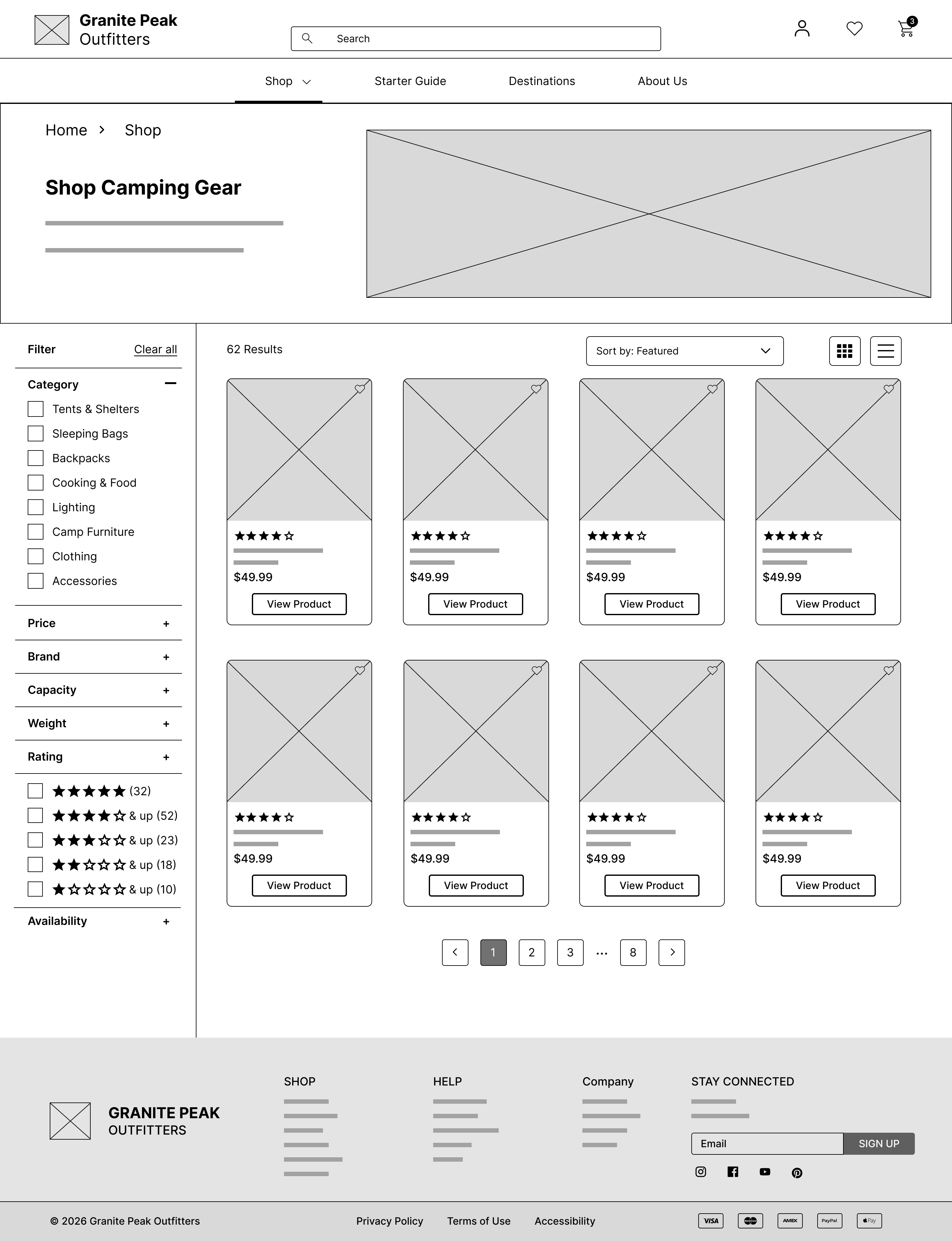 Granite Peak Outfitters shop page desktop wireframe
